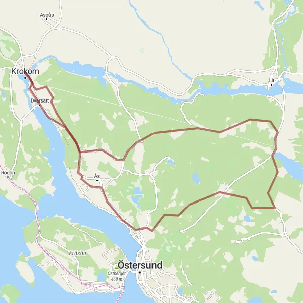 Kartminiatyr av "Utforska Krokom och omgivande grusvägar" cykelinspiration i Mellersta Norrland, Sweden. Genererad av Tarmacs.app cykelruttplanerare