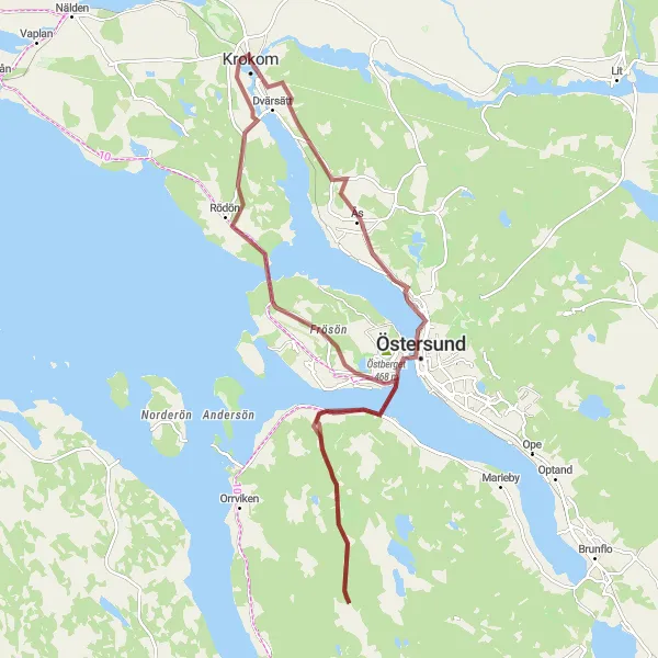 Kartminiatyr av "Historiska stigar runt Krokom" cykelinspiration i Mellersta Norrland, Sweden. Genererad av Tarmacs.app cykelruttplanerare