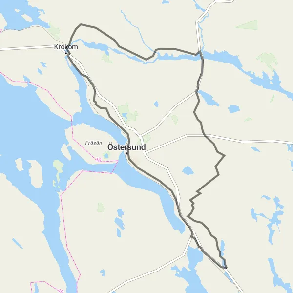 Map miniature of "Krokom to Östersund Loop" cycling inspiration in Mellersta Norrland, Sweden. Generated by Tarmacs.app cycling route planner