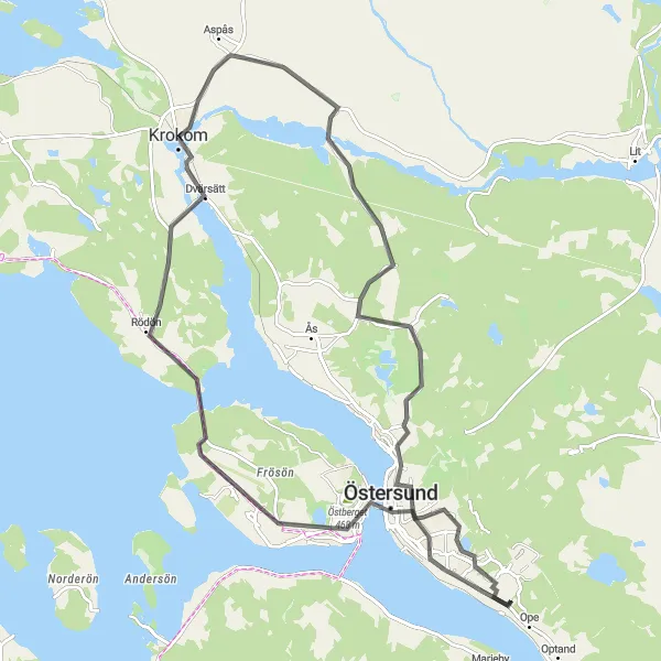 Map miniature of "Krokom to Östersund Express" cycling inspiration in Mellersta Norrland, Sweden. Generated by Tarmacs.app cycling route planner