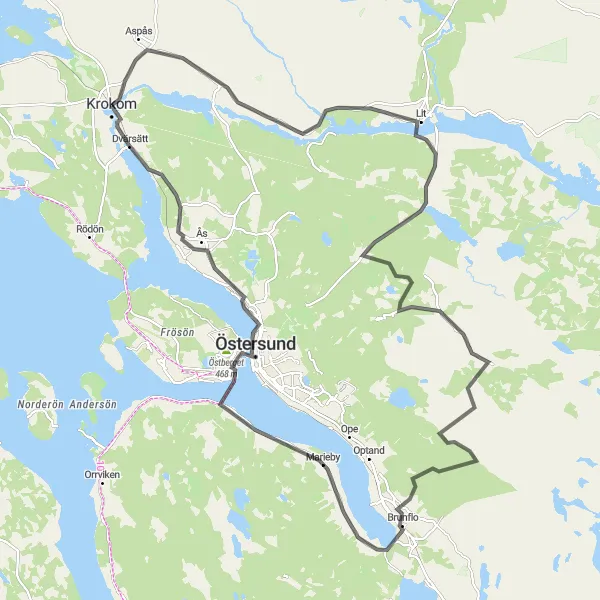 Map miniature of "Östersund Loop" cycling inspiration in Mellersta Norrland, Sweden. Generated by Tarmacs.app cycling route planner