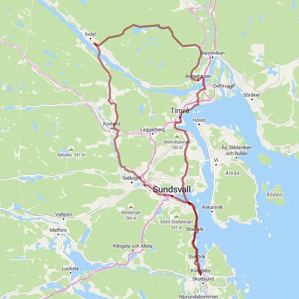 Map miniature of "Kvissleby to Nolbykullen via Bergeforsen" cycling inspiration in Mellersta Norrland, Sweden. Generated by Tarmacs.app cycling route planner