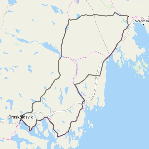 Map miniature of "Örnsköldsvik to Lögdeå Loop" cycling inspiration in Mellersta Norrland, Sweden. Generated by Tarmacs.app cycling route planner