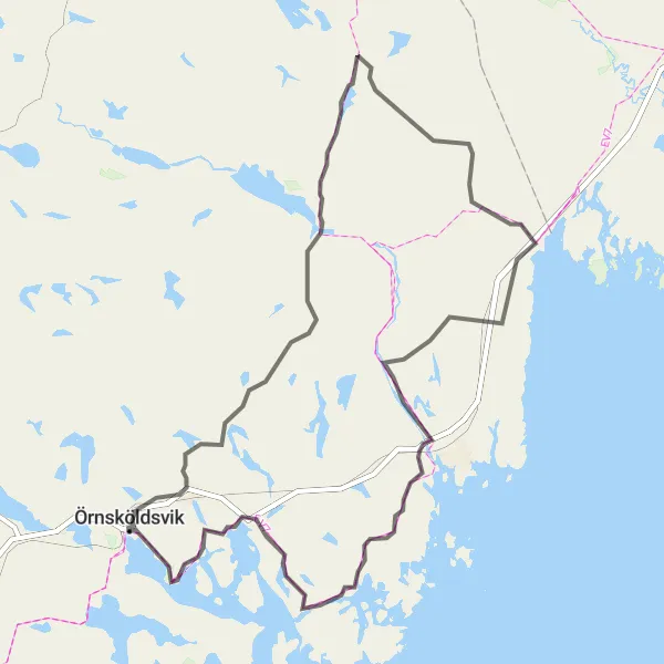 Map miniature of "Örnsköldsvik to Skademark Loop" cycling inspiration in Mellersta Norrland, Sweden. Generated by Tarmacs.app cycling route planner