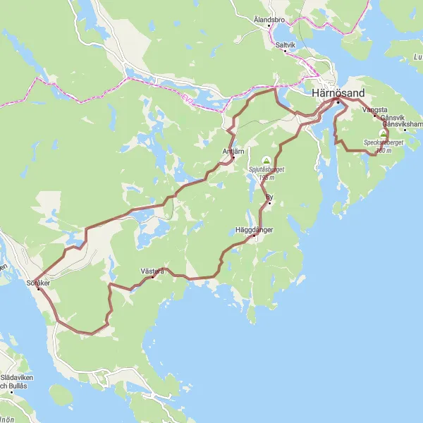 Kartminiatyr av "Gådeåberget och Gasabäck Grusväg" cykelinspiration i Mellersta Norrland, Sweden. Genererad av Tarmacs.app cykelruttplanerare