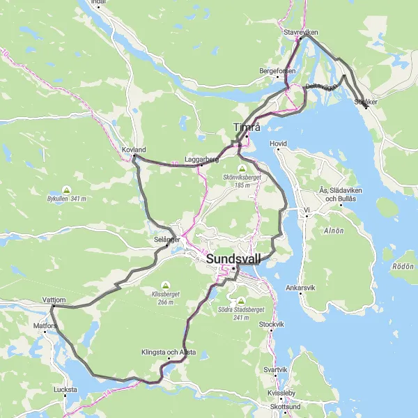 Map miniature of "Söråker - Rigsta Scenic Ride" cycling inspiration in Mellersta Norrland, Sweden. Generated by Tarmacs.app cycling route planner