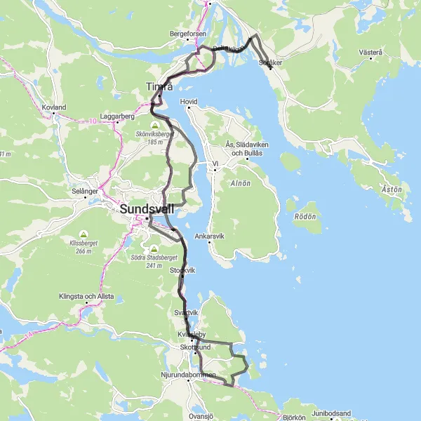 Map miniature of "Timrå Loop" cycling inspiration in Mellersta Norrland, Sweden. Generated by Tarmacs.app cycling route planner