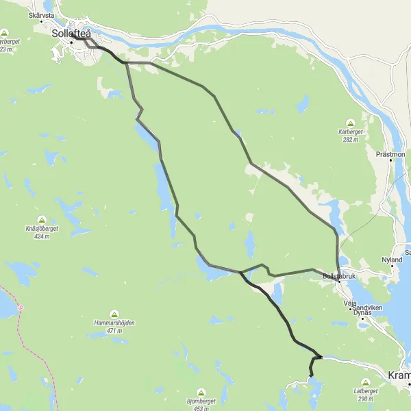 Map miniature of "Road Cycling to Bollstabruk" cycling inspiration in Mellersta Norrland, Sweden. Generated by Tarmacs.app cycling route planner