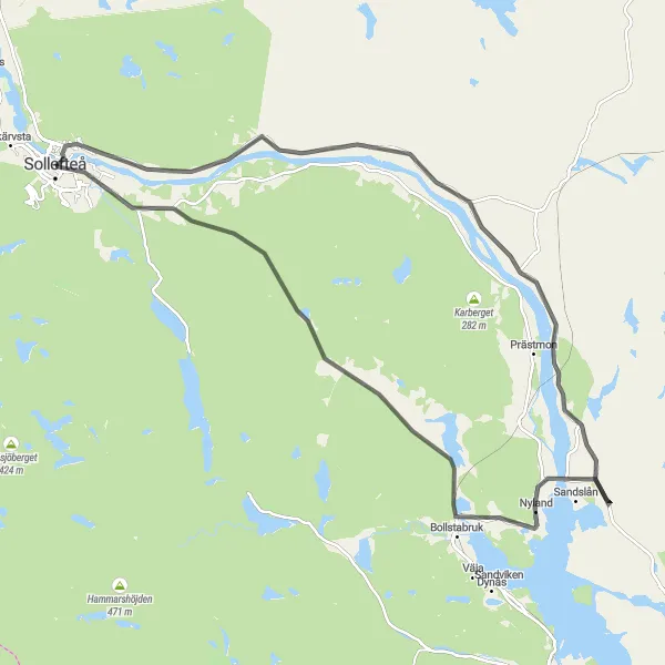 Map miniature of "Sollefteå to Norrlands Road Adventure" cycling inspiration in Mellersta Norrland, Sweden. Generated by Tarmacs.app cycling route planner