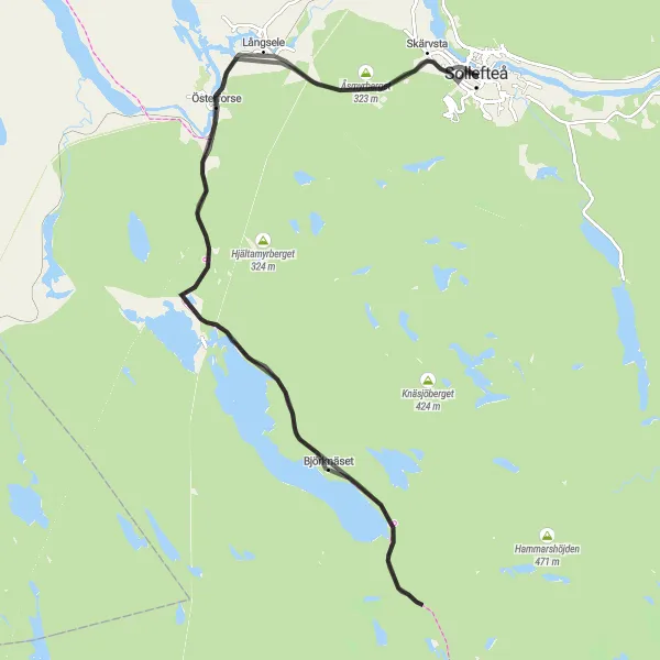 Map miniature of "Långsele Road Adventure" cycling inspiration in Mellersta Norrland, Sweden. Generated by Tarmacs.app cycling route planner