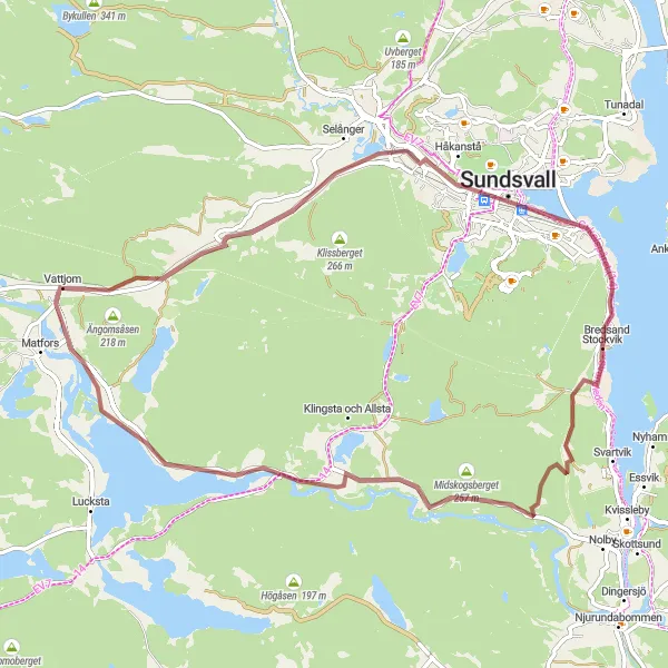 Map miniature of "Midskogsberget and Sundsvall Gravel Trail" cycling inspiration in Mellersta Norrland, Sweden. Generated by Tarmacs.app cycling route planner