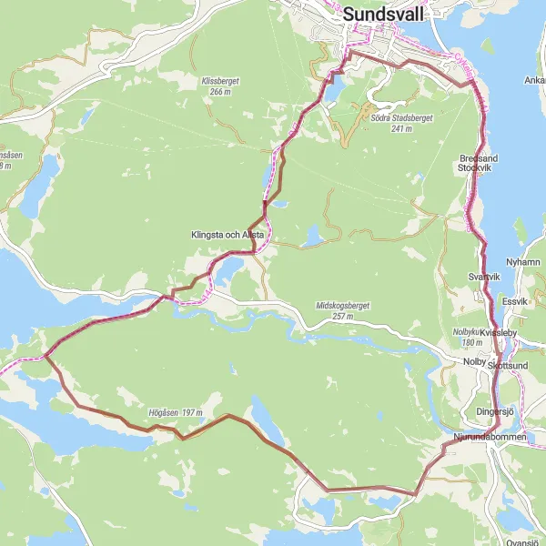 Map miniature of "Njurundabommen Gravel Loop" cycling inspiration in Mellersta Norrland, Sweden. Generated by Tarmacs.app cycling route planner