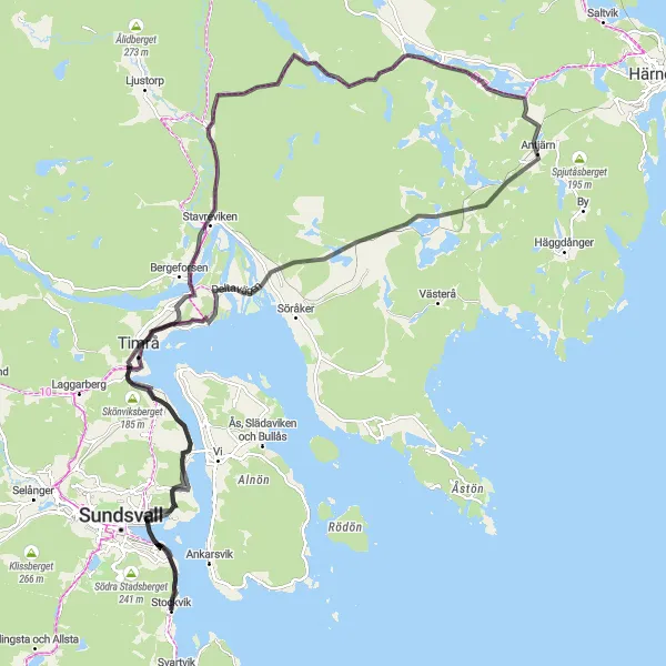 Map miniature of "Sundsvall Adventure" cycling inspiration in Mellersta Norrland, Sweden. Generated by Tarmacs.app cycling route planner