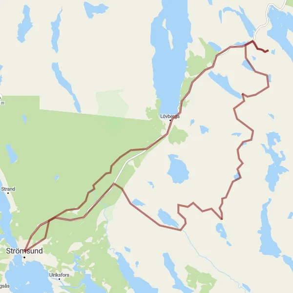 Map miniature of "Gravel Adventure to Lövberga and Ströms hembygdsförening" cycling inspiration in Mellersta Norrland, Sweden. Generated by Tarmacs.app cycling route planner