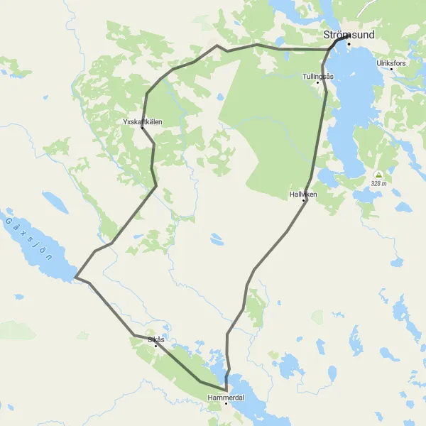 Kartminiatyr av "Hallviken till Yxskaftkälen och tillbaka" cykelinspiration i Mellersta Norrland, Sweden. Genererad av Tarmacs.app cykelruttplanerare