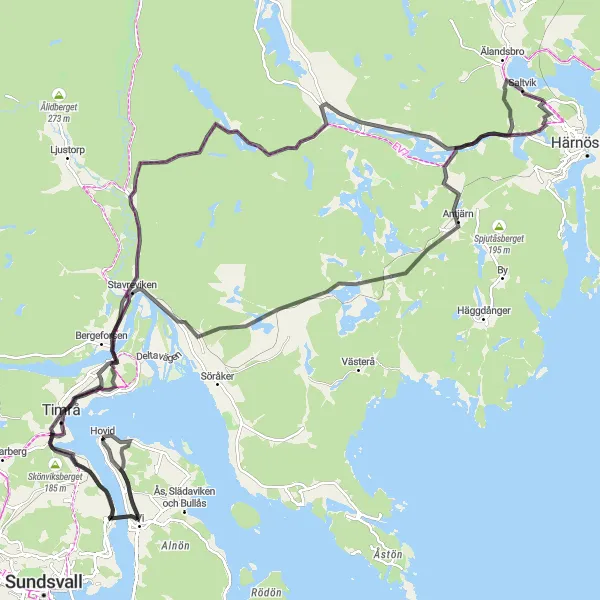 Map miniature of "Timrå and Skönviksberget Circuit" cycling inspiration in Mellersta Norrland, Sweden. Generated by Tarmacs.app cycling route planner