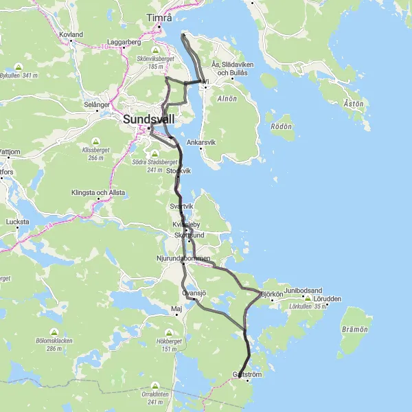 Map miniature of "The Vi and Tunadal Loop" cycling inspiration in Mellersta Norrland, Sweden. Generated by Tarmacs.app cycling route planner