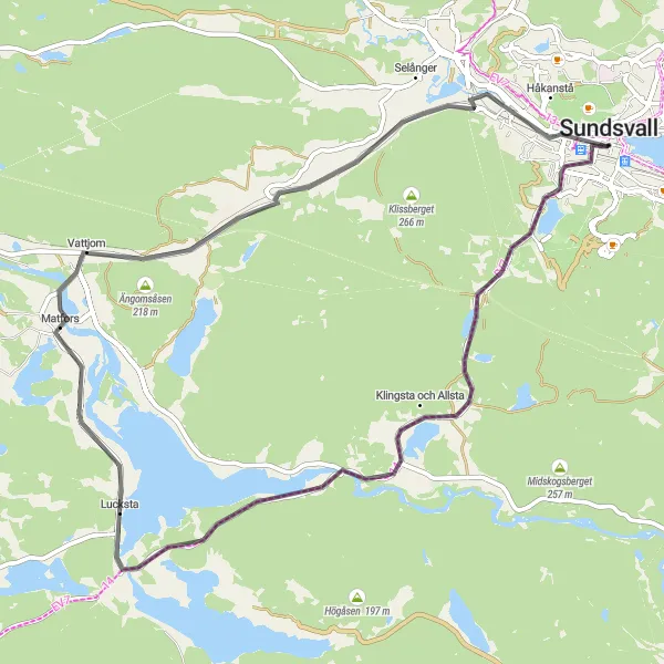 Map miniature of "Countryside Road Escape" cycling inspiration in Mellersta Norrland, Sweden. Generated by Tarmacs.app cycling route planner
