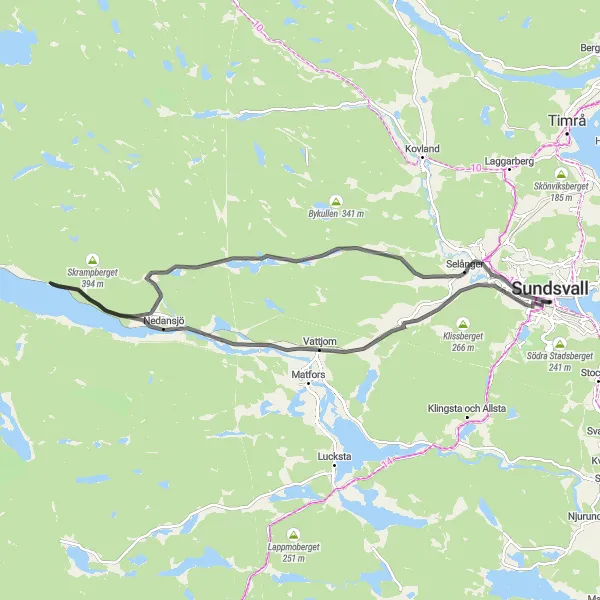 Map miniature of "Sundsvall and Surrounding Hills" cycling inspiration in Mellersta Norrland, Sweden. Generated by Tarmacs.app cycling route planner