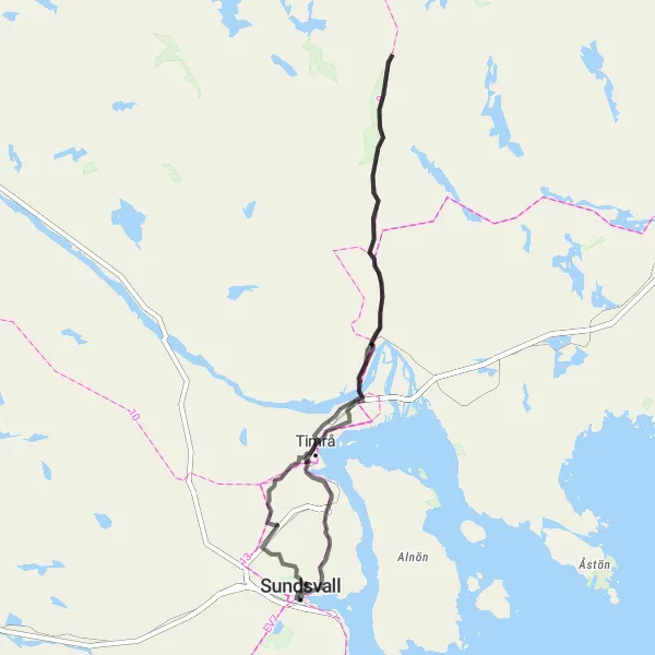 Map miniature of "Southern Exploration: Sundsvall and Beyond" cycling inspiration in Mellersta Norrland, Sweden. Generated by Tarmacs.app cycling route planner