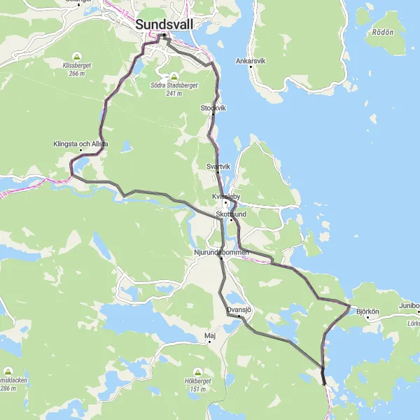 Map miniature of "Sundsvall Forest Loop" cycling inspiration in Mellersta Norrland, Sweden. Generated by Tarmacs.app cycling route planner