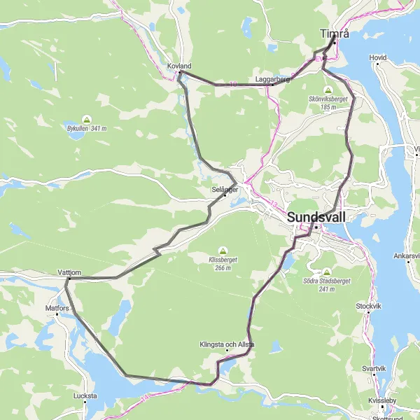 Kartminiatyr av "Timrå till Kovland och tillbaka cykelväg" cykelinspiration i Mellersta Norrland, Sweden. Genererad av Tarmacs.app cykelruttplanerare