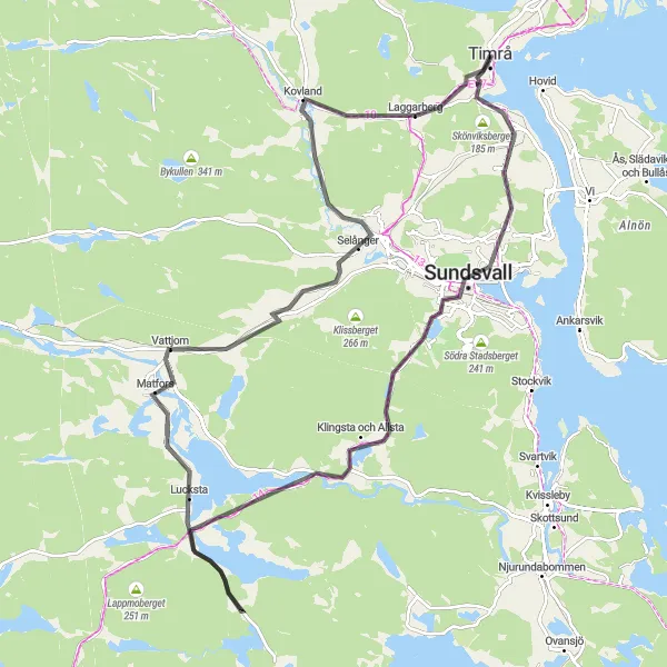 Map miniature of "Timrå to Fröland Road Cycling Route" cycling inspiration in Mellersta Norrland, Sweden. Generated by Tarmacs.app cycling route planner
