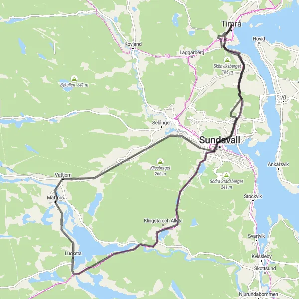 Map miniature of "Timrå to Sundsbruk Road Cycling Route" cycling inspiration in Mellersta Norrland, Sweden. Generated by Tarmacs.app cycling route planner