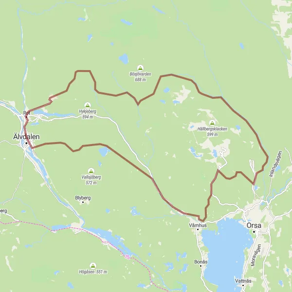 Kartminiatyr av "Äventyrlig tur till Tällåsen" cykelinspiration i Norra Mellansverige, Sweden. Genererad av Tarmacs.app cykelruttplanerare