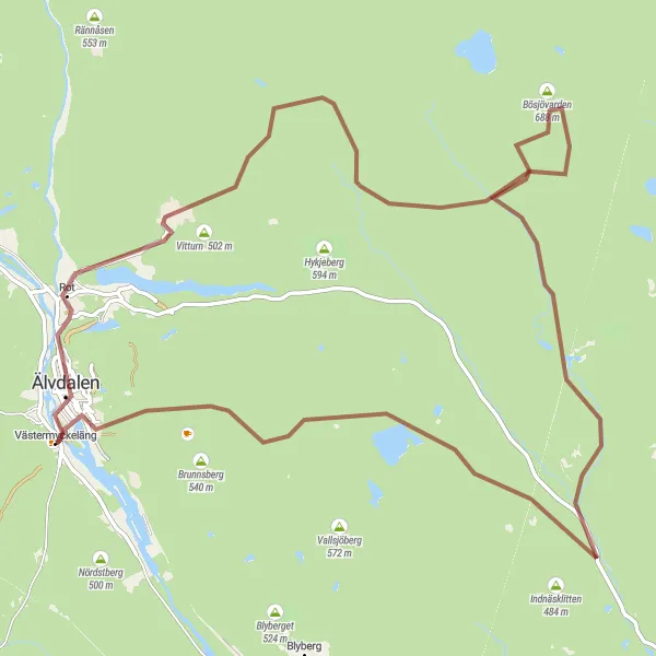 Map miniature of "The Gravel Circuit of Älvdalen" cycling inspiration in Norra Mellansverige, Sweden. Generated by Tarmacs.app cycling route planner