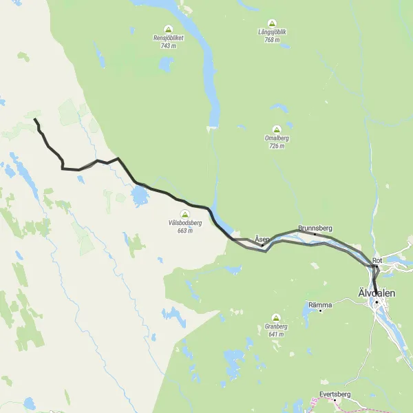 Map miniature of "The Scenic Road Route of Älvdalen" cycling inspiration in Norra Mellansverige, Sweden. Generated by Tarmacs.app cycling route planner