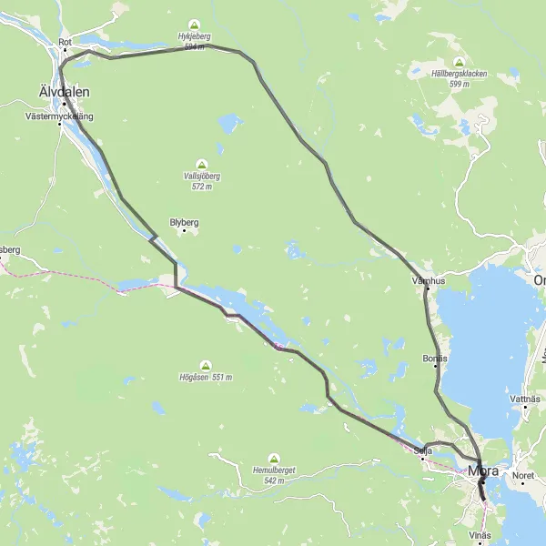 Kartminiatyr av "Rot till Älvdalen Landsvägscykling" cykelinspiration i Norra Mellansverige, Sweden. Genererad av Tarmacs.app cykelruttplanerare