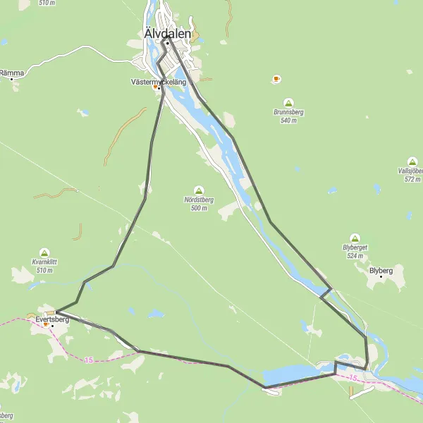 Kartminiatyr av "Älvdalen till Västermyckeläng Runtur" cykelinspiration i Norra Mellansverige, Sweden. Genererad av Tarmacs.app cykelruttplanerare