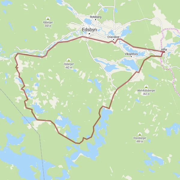 Map miniature of "Alfta to Ovanåker Gravel Route" cycling inspiration in Norra Mellansverige, Sweden. Generated by Tarmacs.app cycling route planner