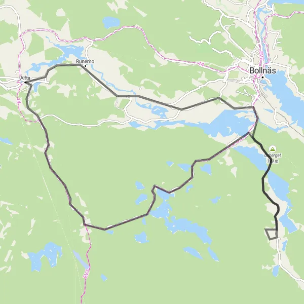 Map miniature of "Alfta to Annefors Scenic Ride" cycling inspiration in Norra Mellansverige, Sweden. Generated by Tarmacs.app cycling route planner