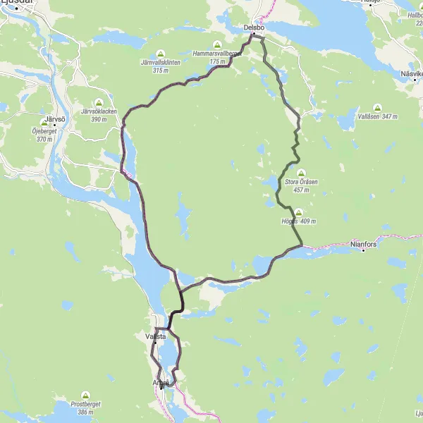 Kartminiatyr av "Norränge-Delsbo Rundtur" cykelinspiration i Norra Mellansverige, Sweden. Genererad av Tarmacs.app cykelruttplanerare