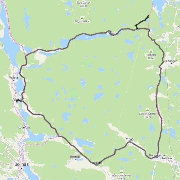 Map miniature of "Arbra Loop via Nianfors and Trono" cycling inspiration in Norra Mellansverige, Sweden. Generated by Tarmacs.app cycling route planner