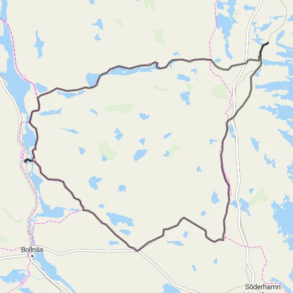 Map miniature of "Epic Road Cycling Adventure via Nianfors and Trono" cycling inspiration in Norra Mellansverige, Sweden. Generated by Tarmacs.app cycling route planner