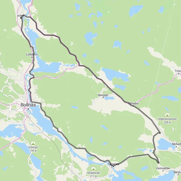 Kartminiatyr av "Växbo to Lottefors Road Cycling Route" cykelinspiration i Norra Mellansverige, Sweden. Genererad av Tarmacs.app cykelruttplanerare