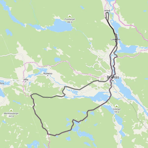 Kartminiatyr av "Bollnäs till Annefors Cykeltur" cykelinspiration i Norra Mellansverige, Sweden. Genererad av Tarmacs.app cykelruttplanerare