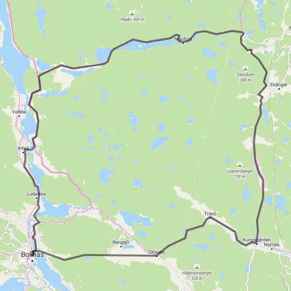 Kartminiatyr av "Historiska vyer runt Bollnäs" cykelinspiration i Norra Mellansverige, Sweden. Genererad av Tarmacs.app cykelruttplanerare