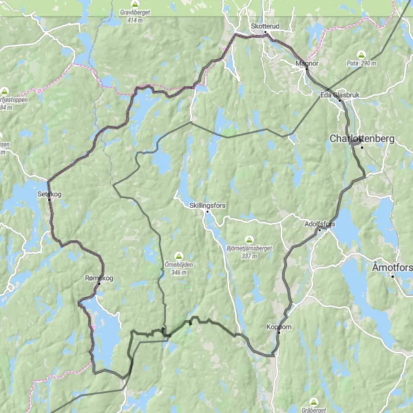 Map miniature of "Charming Road Loop to Magnor" cycling inspiration in Norra Mellansverige, Sweden. Generated by Tarmacs.app cycling route planner