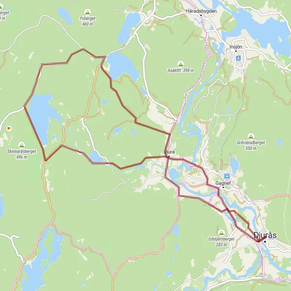 Map miniature of "Djura's Gravel Delight" cycling inspiration in Norra Mellansverige, Sweden. Generated by Tarmacs.app cycling route planner