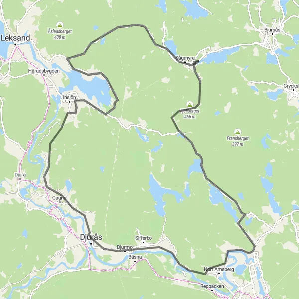 Map miniature of "Djurås Gagnef Loop" cycling inspiration in Norra Mellansverige, Sweden. Generated by Tarmacs.app cycling route planner