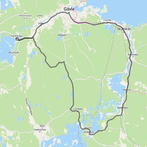 Map miniature of "The Meheby Loop" cycling inspiration in Norra Mellansverige, Sweden. Generated by Tarmacs.app cycling route planner