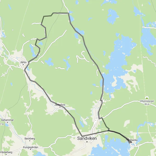 Map miniature of "Sandviken Loop via Järbo" cycling inspiration in Norra Mellansverige, Sweden. Generated by Tarmacs.app cycling route planner