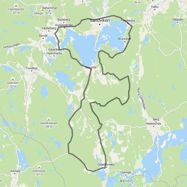 Map miniature of "Österfärnebo to Årsunda Circuit" cycling inspiration in Norra Mellansverige, Sweden. Generated by Tarmacs.app cycling route planner