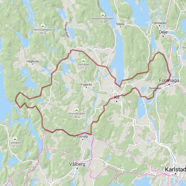 Kartminiatyr av "Äventyrsfylld grusväg till Dyvelsten, Kil, Edsvalla och Fryksta" cykelinspiration i Norra Mellansverige, Sweden. Genererad av Tarmacs.app cykelruttplanerare