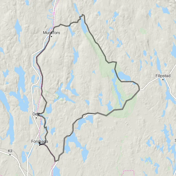 Map miniature of "Scenic Loop: Forshaga to Sunnemo" cycling inspiration in Norra Mellansverige, Sweden. Generated by Tarmacs.app cycling route planner