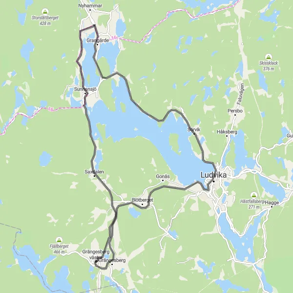 Kartminiatyr av "Grängesberg - Saxdalen - Grangärde - Lekomberg - Ludvika - Gonäs" cykelinspiration i Norra Mellansverige, Sweden. Genererad av Tarmacs.app cykelruttplanerare